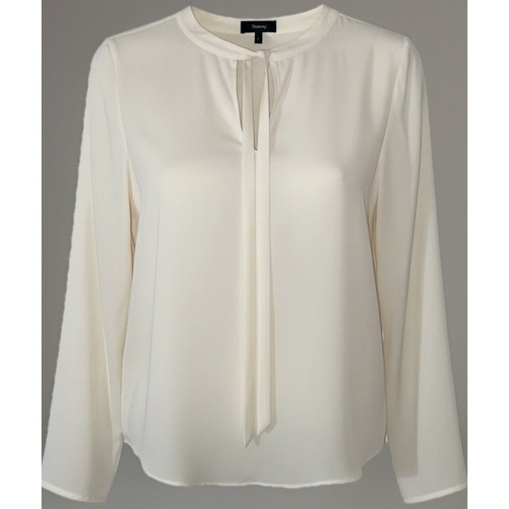 Theory Novalee Tie Neck Silk Blouse Top Womens Large Ivory Quiet Luxury Lovely